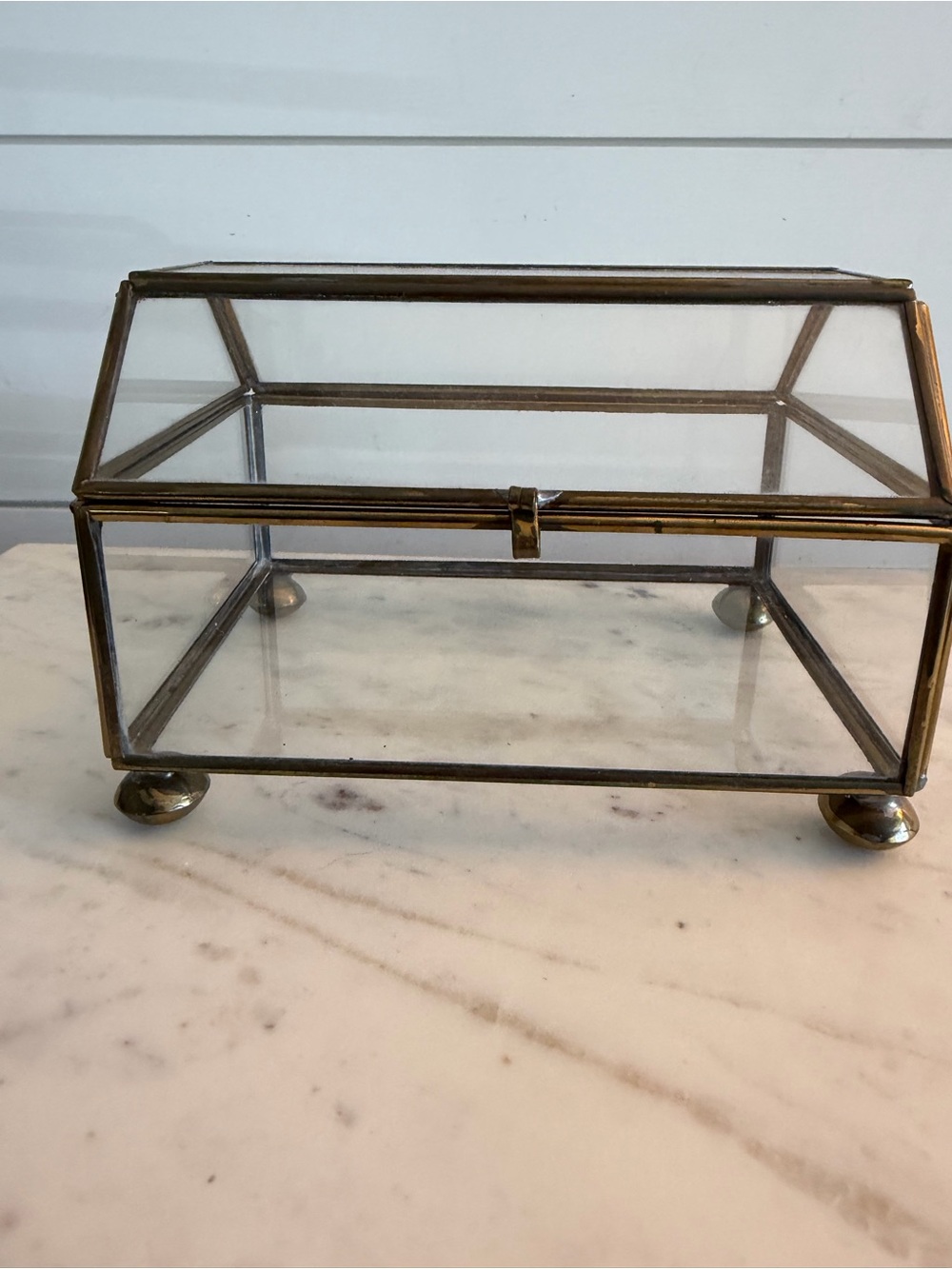 Vintage House Shaped Brass Tone Glass Jewelry Display Box